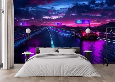 A futuristic highway stretching across a desert, vibrant glowing signs showing 2025, soft watercolor tones, [desert road to the future], [new adventure] Wall mural